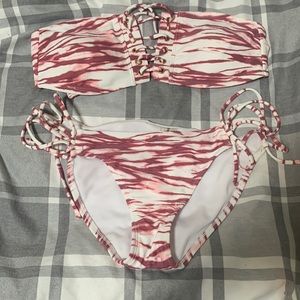 Pink and white strapless bikini top, cheeky bikini bottoms